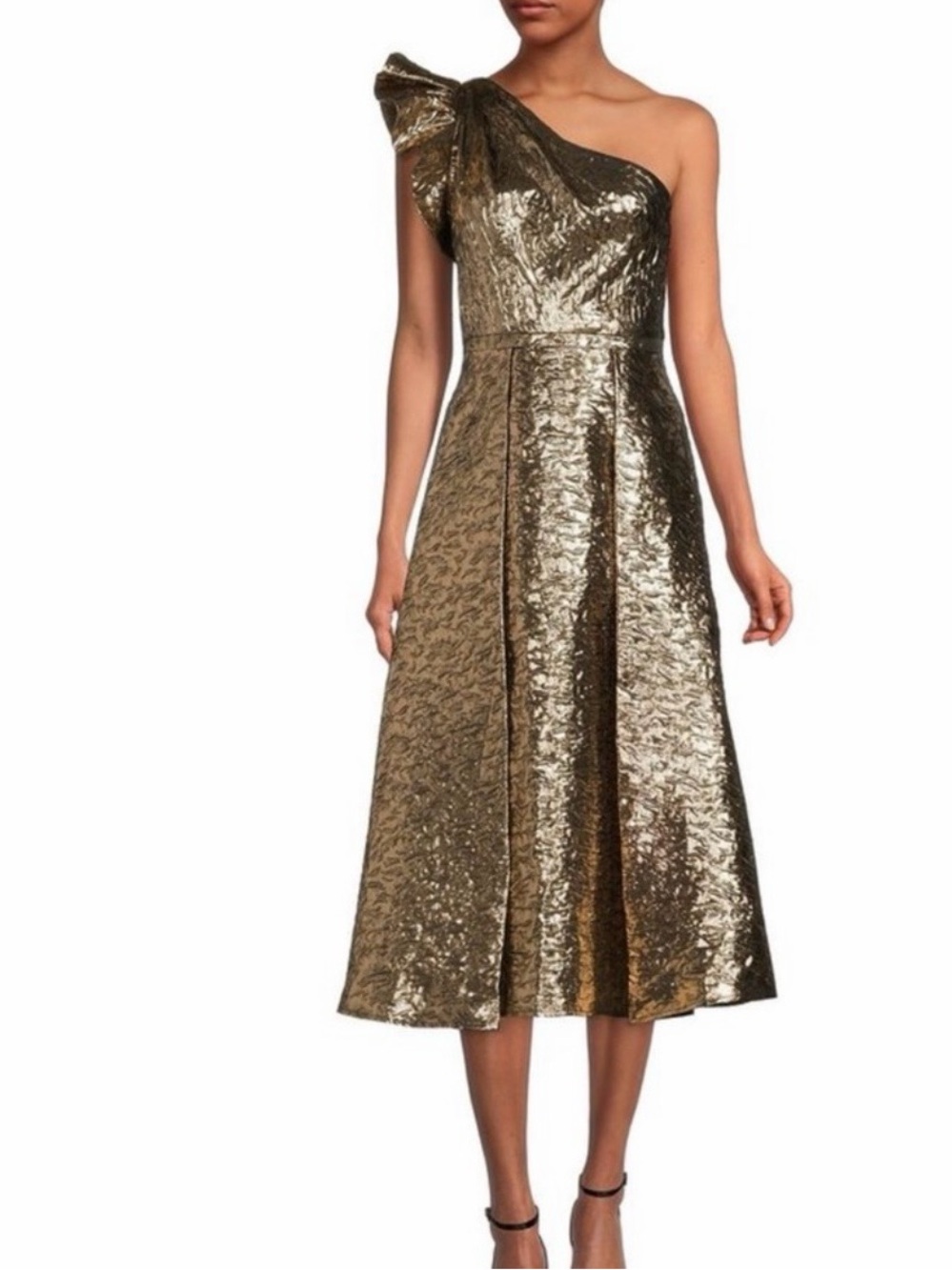 Antonio Melani One-Shoulder Metallic Gold Midi Dress